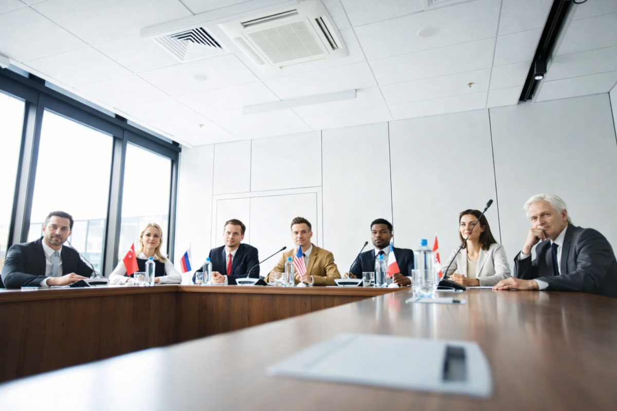 Dolmetscherteam bei einer internationalen Konferenz mit Redner am Podium. Simultandolmetscher mit Headsets begleiten eine politische Veranstaltung vor internationalem Publikum.